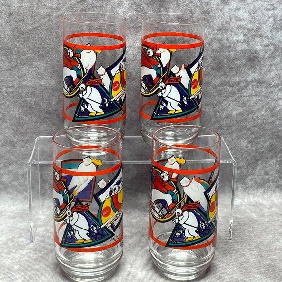 1995 Coca-Cola Polar Bear Glasses Set Of 4 Vintage Winter Sports 14 Oz - Picture 4 of 9